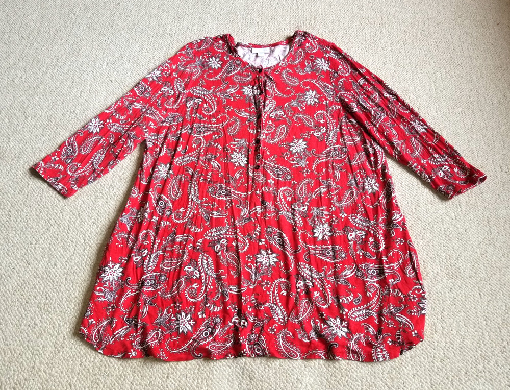 Womens Top-J. JILL-red/white paisley rayon knit 1/4 button-up tunic 3/4 slv-L